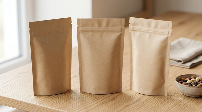Three blank brown paper pouches for food packaging mockup on wooden table.