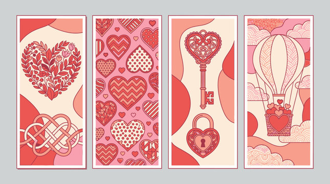 Conjunto de cuatro pancartas verticales con ilustraciones rom&aacute;nticas de corazones, llaves, candados y globos aerost&aacute;ticos en tonos pastel de rosa y rojo para el d&iacute;a de San Valent&iacute;n.