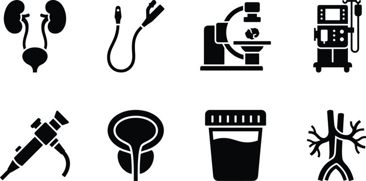 Urology and Nephrology Medical Icon Set Featuring Urinary System Organs and Diagnostic Equipment
