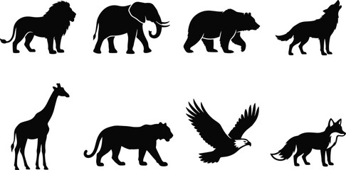 Fototapeta premium Wild animals and safari wildlife black silhouette icon set featuring lion elephant bear wolf and eagle