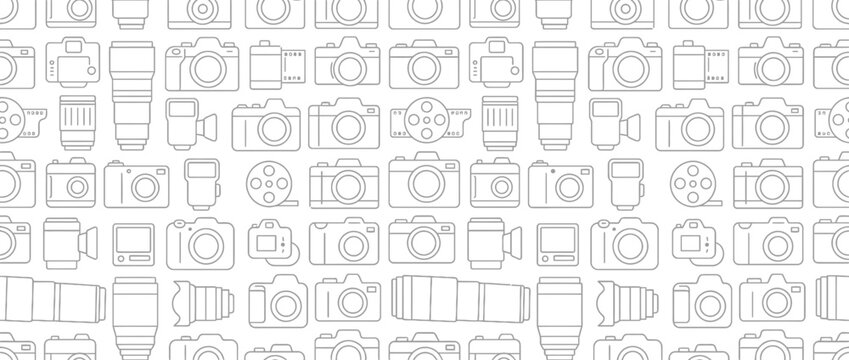 Minimalist photography gear outline pattern on white background