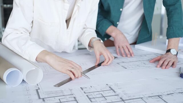 Architects discussing apartment building blueprint at office desk, using drafting tools for new architectural project design. Architecture and business concept