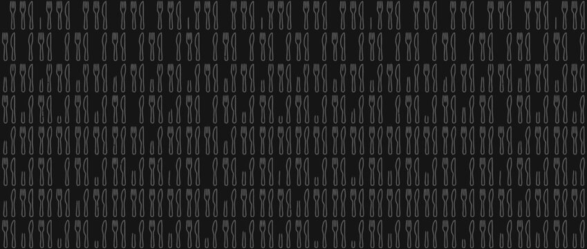 Repeating white cutlery line art pattern on dark background