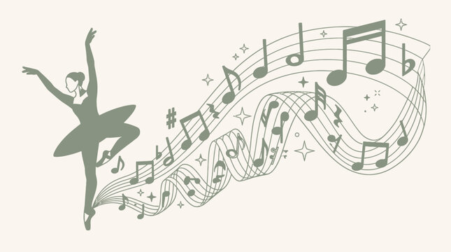 Eine elegante Ballerina in einer dynamischen Tanzpose, umgeben von flie&szlig;enden Notenlinien und musikalischen Symbolen in einem minimalistischen, k&uuml;nstlerischen Vektor-Design.