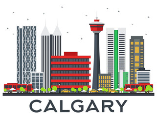 Fototapeta premium Flat vector of Calgary, Canada skyline featuring the tower and skyscrapers.