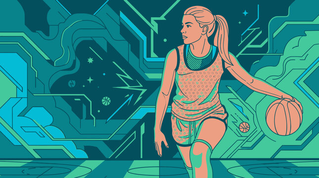 Eine junge Basketballspielerin dribbelt den Ball vor einem abstrakten, technologisch inspirierten Hintergrund mit geometrischen Mustern und leuchtenden Linien in einer dynamischen Illustration.