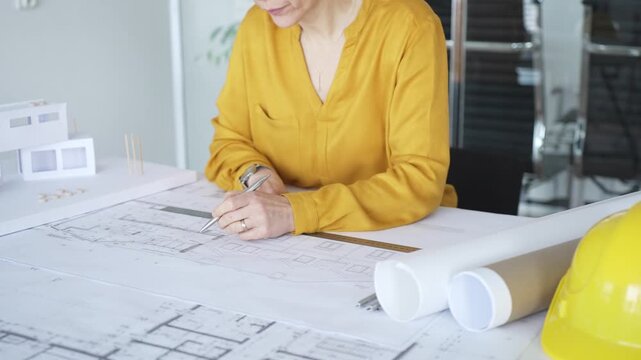 Architect woman designing structural blueprint for new building with floor plan and house model. Architecture and business concept