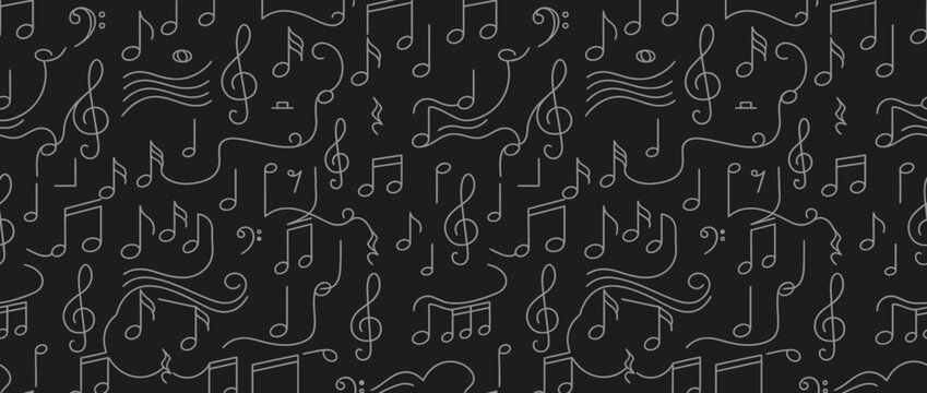 Seamless musical notes and symbols line art on dark background