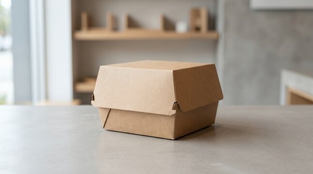 Blank cardboard burger box sitting on a clean table for food branding mockup.