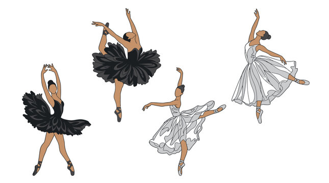 Conjunto de ilustraciones vectoriales de bailarinas de ballet realizando elegantes poses de danza cl&aacute;sica con tut&uacute;s negros y blancos sobre un fondo blanco aislado para dise&ntilde;o creativo.