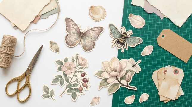 Vintage botanical scrapbooking workspace with butterfly bee flowers scissors twine kraft tags and paper craft supplies
