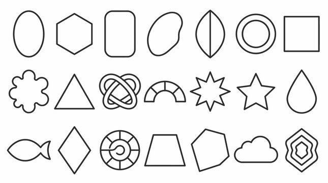 Ensemble de formes g&eacute;om&eacute;triques vari&eacute;es et ic&ocirc;nes vectorielles simples avec des contours noirs sur un fond blanc propre, id&eacute;al pour le design graphique et les projets &eacute;ducatifs.