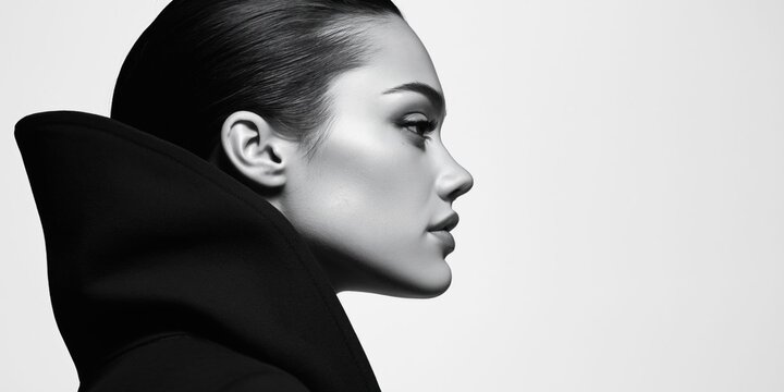 Elegant woman's profile in high fashion black and white photography with dramatic collar