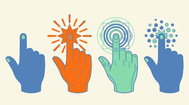 Vier bunte H&auml;nde in einer Reihe, die mit ihren Zeigefingern auf verschiedene abstrakte Symbole und grafische Lichteffekte tippen, flaches Vektordesign auf hellem Hintergrund.