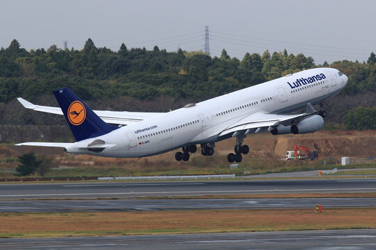 Lufthansa Airbus A340 taking off on November 6, 2014 in Narita, Tokyo, Japan.