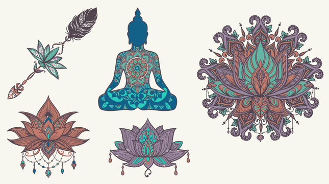Set von spirituellen Symbolen mit Buddha-Silhouette, detaillierten Lotusblumen-Mandalas und einer Feder, handgezeichnete Illustrationen im Boho-Stil f&uuml;r Yoga und Meditation