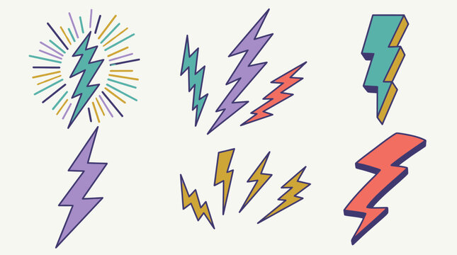 Conjunto de iconos vectoriales de rayos coloridos con estilos planos y tridimensionales, perfectos para dise&ntilde;os gr&aacute;ficos, pegatinas, elementos decorativos y arte digital creativo.