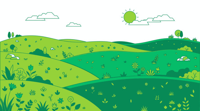 Ilustra&ccedil;&atilde;o vetorial de uma paisagem rural com colinas verdes, flores, &aacute;rvores e um sol brilhante em um estilo de design plano e minimalista, ideal para fundos de natureza.