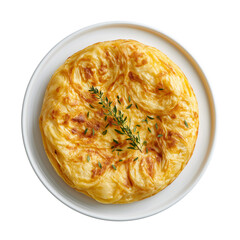 Tortilla de patatas isolated on transparent background. Dish on the plate for menu, cafe, design.