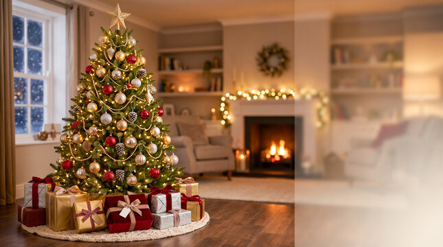 &Aacute;rbol de Navidad decorado con luces c&aacute;lidas y regalos en una escena elegante con espacio para texto, ideal para campa&ntilde;as navide&ntilde;as.