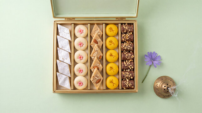 Indian sweets assortment in gold lined box with kaju katli peda and chocolate barfi on green