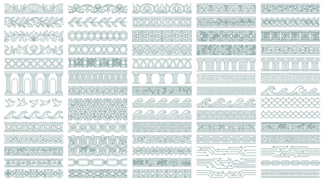 Colecci&oacute;n de bordes decorativos y cenefas ornamentales con estilos cl&aacute;sicos, geom&eacute;tricos y florales, ideales para dise&ntilde;o gr&aacute;fico, marcos de documentos y proyectos de papeler&iacute;a elegante.