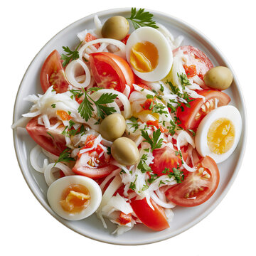 Salad isolated on transparent background. Dish on the plate for menu, cafe, design. Salad of shredded salt cod, tomatoes, onions, olive oil and vinegar, salt.