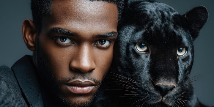 Regal black panther rests near a confident man in a stylish suit