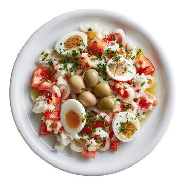 Salad isolated on transparent background. Dish on the plate for menu, cafe, design. Salad of shredded salt cod, tomatoes, onions, olive oil and vinegar, salt.