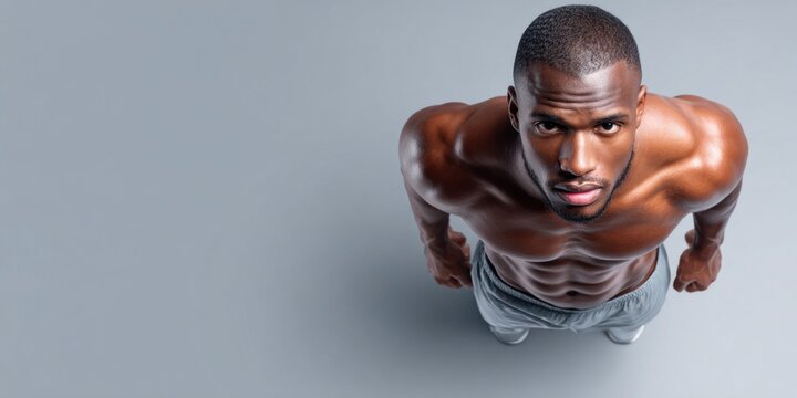 Muscular Black Man Standing on Left Side of Frame, Looking Upwards with Intense Gaze