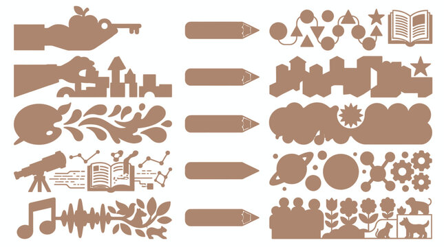 Ensemble d'ic&ocirc;nes vectorielles plates de couleur marron repr&eacute;sentant divers concepts &eacute;ducatifs, scientifiques et cr&eacute;atifs avec des silhouettes de mains, de crayons et de symboles abstraits.