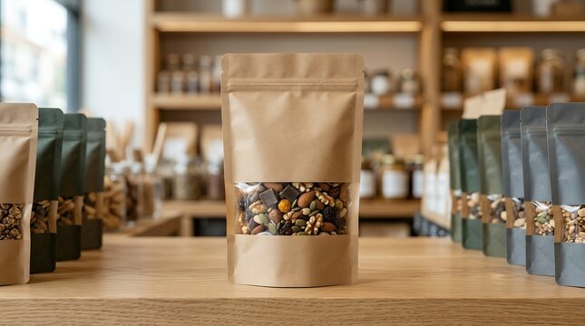 Eco friendly kraft paper pouch bag with organic snack mix on wooden store counter.