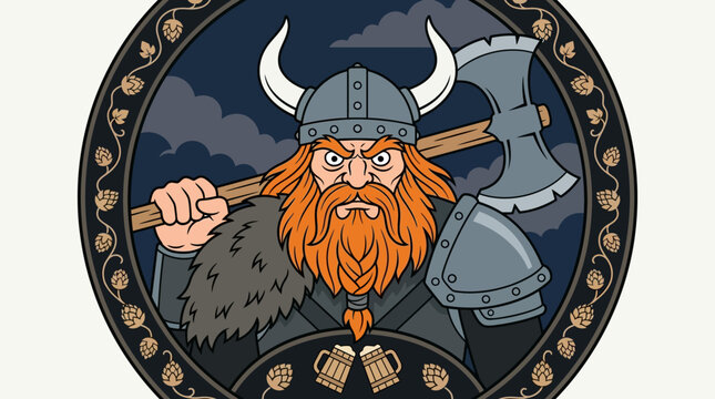 Cartoon Viking Warrior with Axe and Beer Hops Circle Logo Illustration