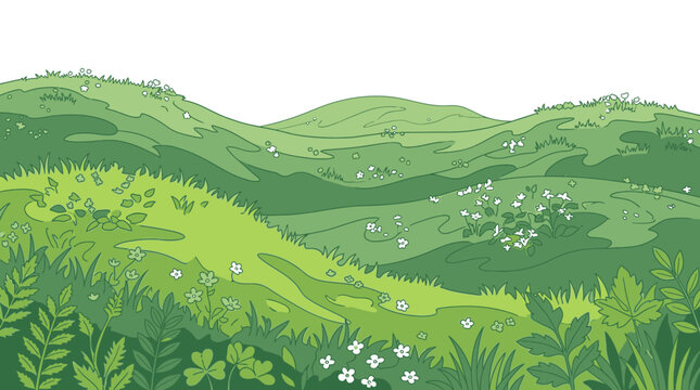 Ilustraci&oacute;n vectorial de colinas verdes onduladas con flores silvestres y vegetaci&oacute;n exuberante, dise&ntilde;o de paisaje natural estilo dibujo animado con fondo blanco y espacio para texto.