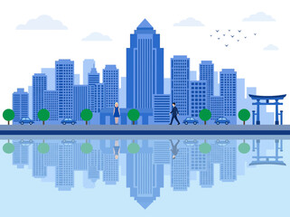Fototapeta premium Modern Blue City Skyline Vector Illustration with Skyscraper Reflection