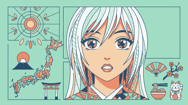 Ilustraci&oacute;n estilo anime de una joven japonesa con cabello blanco rodeada de elementos culturales ic&oacute;nicos de Jap&oacute;n como el Monte Fuji, un torii, abanicos y flores de cerezo.
