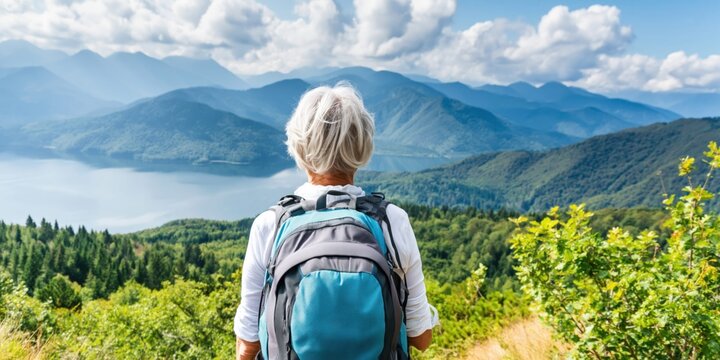 Senior woman with backpack enjoys scenic mountain lake vista on a hike