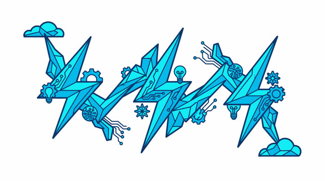 Ilustraci&oacute;n vectorial de rayos azules estilizados con elementos tecnol&oacute;gicos como engranajes, circuitos y bombillas sobre un fondo blanco limpio para dise&ntilde;o gr&aacute;fico moderno.