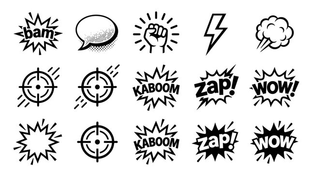 Comic Book Sound Effects and Icons Set: Bam, Kaboom, Zap, Wow, Punch, Speech Bubble, Lightning