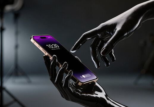 Realistic Smartphone Mockup with Touch Interaction in Dark Studio Lighting