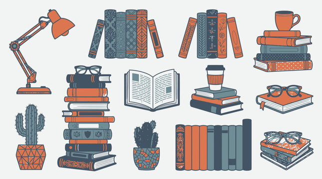 Ensemble d'illustrations vectorielles plates repr&eacute;sentant des piles de livres, des lunettes, une lampe de bureau et des plantes en pot sur un fond clair pour le design &eacute;ducatif