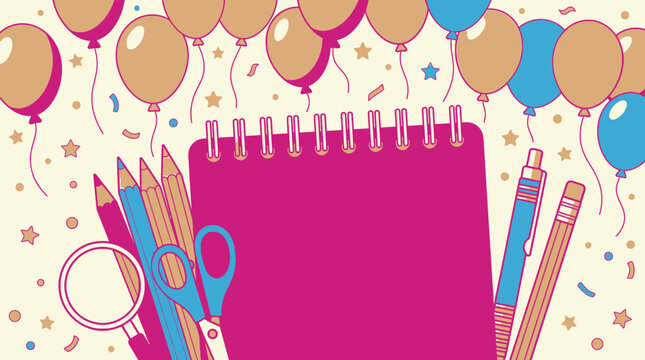 Illustration festive avec un carnet &agrave; spirales rose, des crayons, des ciseaux et des ballons color&eacute;s sur un fond cr&egrave;me, id&eacute;al pour la rentr&eacute;e scolaire ou un anniversaire.