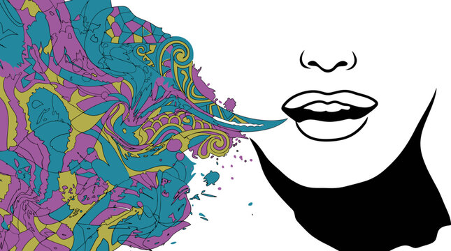 Ilustraci&oacute;n art&iacute;stica de un perfil femenino con la boca abierta expulsando una nube abstracta de patrones psicod&eacute;licos coloridos en tonos turquesa, violeta y amarillo sobre fondo blanco.