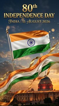 Celebration of India's 80th Independence Day with patriotic flags and grand sunset backdrop