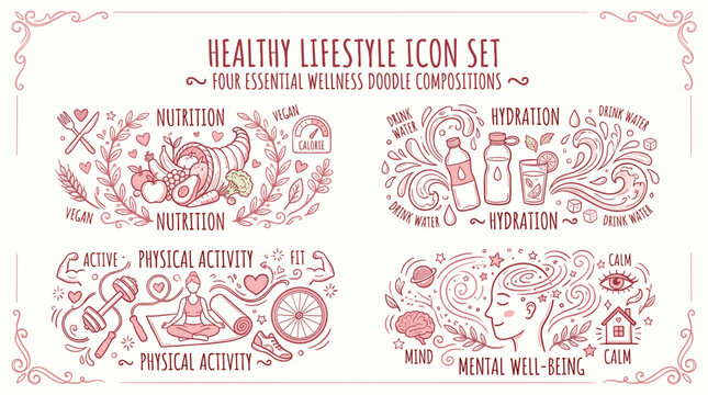 This image appears to be a preview card showcasing a Healthy Lifestyle Icon Set in a hand-drawn doodle style.