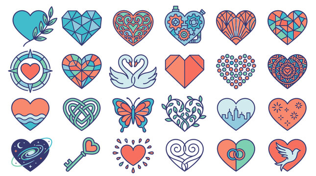 Conjunto de &iacute;cones de cora&ccedil;&atilde;o variados com designs geom&eacute;tricos, florais e rom&acirc;nticos em tons de azul e coral, perfeitos para projetos de design gr&aacute;fico, cart&otilde;es de dia dos namorados e ilustra&ccedil;&otilde;es de