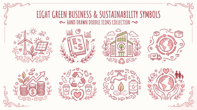 This image appears to be a preview card featuring a collection of green business and sustainability-themed doodle icons.
