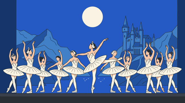 Ilustraci&oacute;n vectorial de un grupo de bailarinas de ballet cl&aacute;sico actuando en el escenario con un castillo y la luna llena de fondo, representando la escena del Lago de los Cisnes.