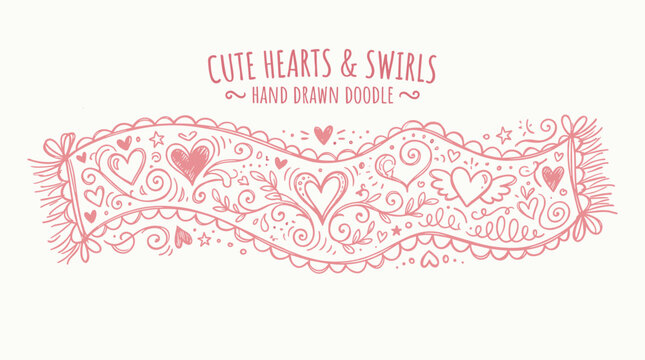 This image appears to be a preview card featuring a Cute Hearts & Swirls hand-drawn doodle design.