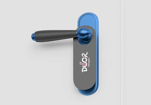 Modern Door Hanger Mockup on Blue Metallic Door Handle